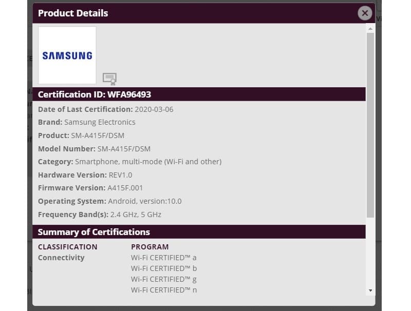 Galaxy A41 passa por certificação no Wi-Fi Alliance e no Bluetooth SIG Captura de tela certificação do Galaxy A41 no Wi-Fi Alliance.