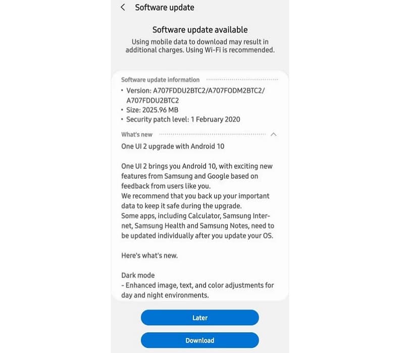 Galaxy A70s e A6 (2018) começam a ser atualizados para o Android 10 Captura de tela atualização para o Android 10 no Galaxy A70s.