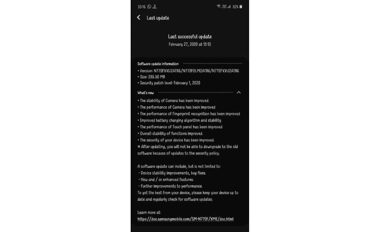 Galaxy Note 10 Lite recebe atualização de segurança de fevereiro Captura de tela da atualização de segurança de fevereiro de 2020 do Galaxy Note 10 Lite.