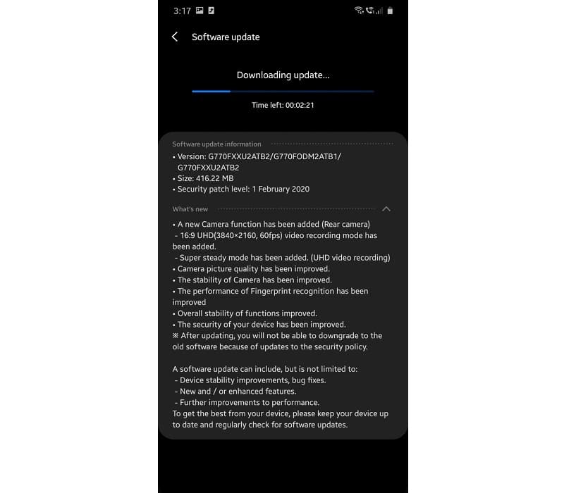 Galaxy S10 Lite é atualizado com o pacote de segurança de fevereiro Captura de tela atualização do Galaxy S10 Lite na Índia.