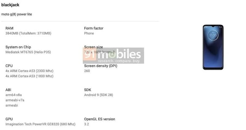 Moto G8 Power Lite tem design e especificações revelados em vazamento Vazamento de especificações e renderização do Moto G8 Power Lite no Google Play Console.