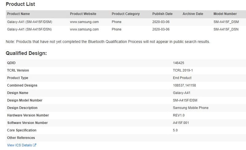 Galaxy A41 passa por certificação no Wi-Fi Alliance e no Bluetooth SIG Captura de tela certificação do Galaxy A41 no Bluetooth SIG.