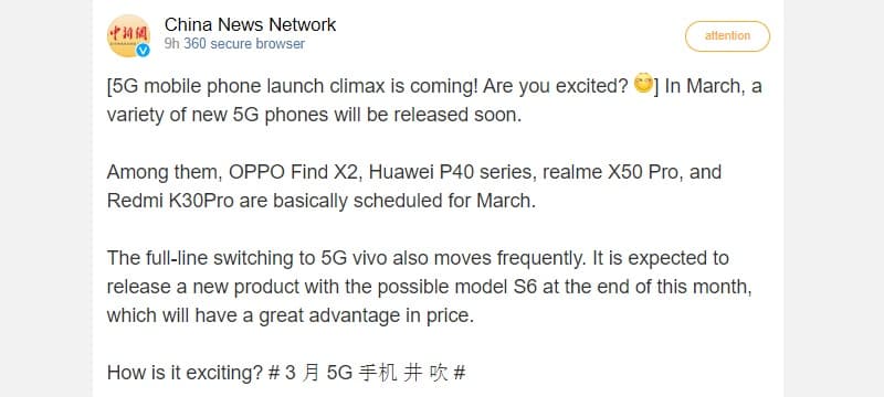 Captura de tela publicação sobre o Vivo S6 5G.
