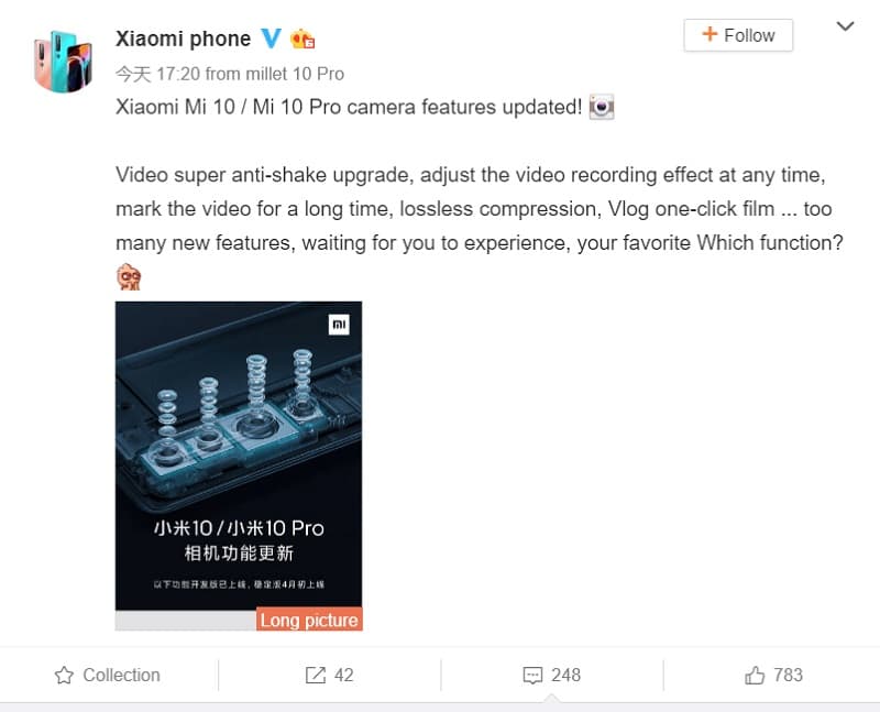 Xiaomi Mi 10 recebe melhorias para as câmeras em nova atualização Captura de tela do anúncio da Xiaomi sobre novo update para o Xiaomi Mi 10.