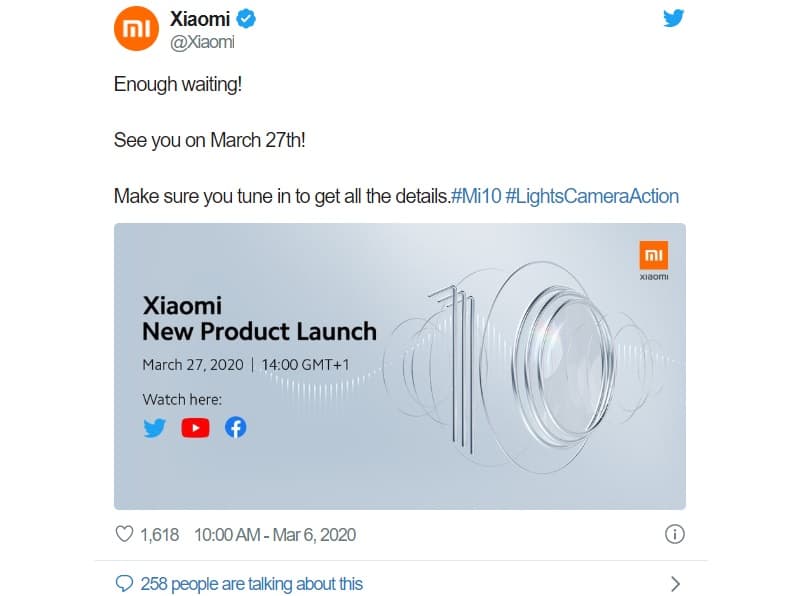 Xiaomi Mi 10: Versão global será lançada no dia 27 de março Data de lançamento da versão global do Xiaomi Mi 10.