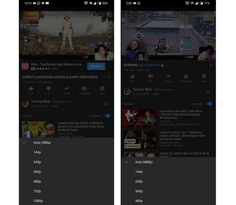 YouTube para Android restringe qualidade de vídeos à 480p na Índia Comparativo antes e depois da restrição imposta pelo YouTube na Índia.