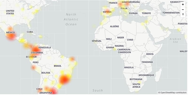WhatsApp passa por instabilidade e não permite download de áudio Mapa de instabilidade do WhatsApp.