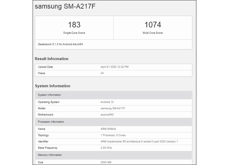 Suposto Galaxy A21s aparece em teste de benchmark com Exynos 850 Benchmark do suposto Galaxy A21s.