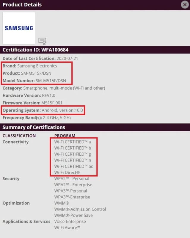 Galaxy M51 recebe certificação na WiFi Alliance sob o modelo SM-M515F galaxy m51 samsung