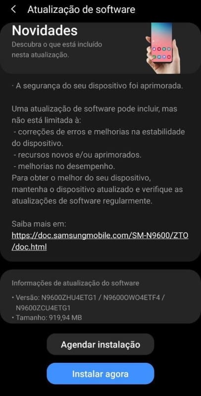 Samsung Galaxy Note 9 recebe atualização para a One UI 2.1 no Brasil galaxy note 9 one ui 2.1 captura de tela