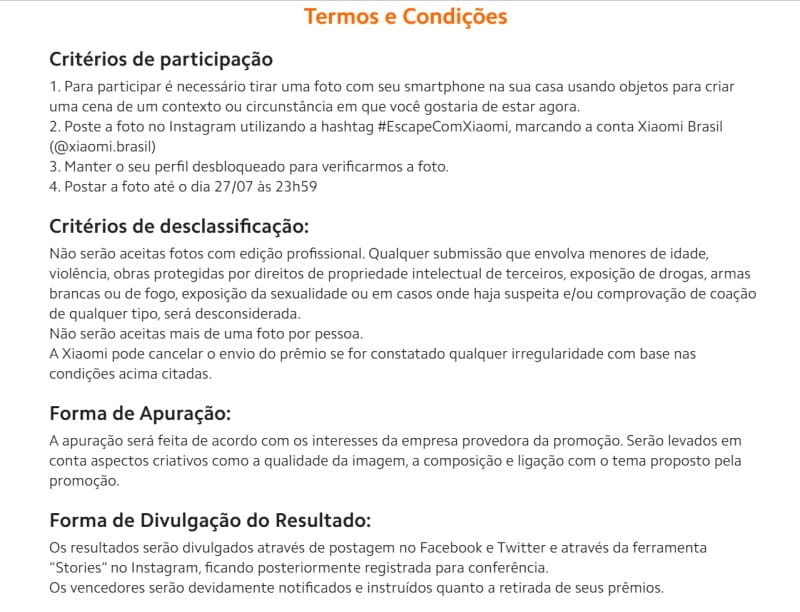 Xiaomi promove concurso no Brasil valendo Redmi Note 9 e viagem termos e condicoes xiaomi concurso
