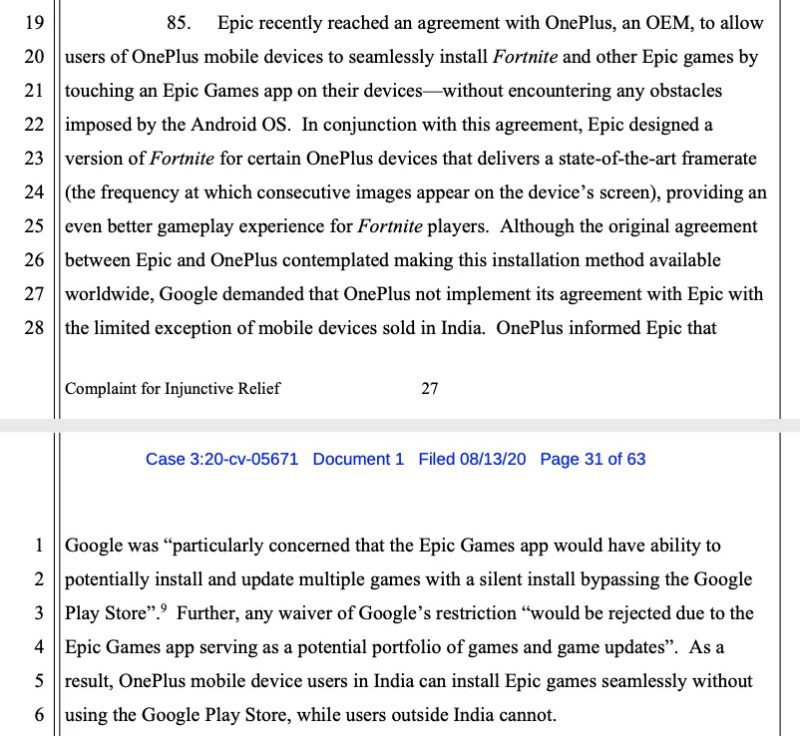 Epic Games acusa Google de impedir pré-instalação do Fortnite em smartphones da LG e da OnePlus documento caso epic games