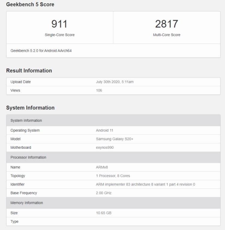 Samsung Galaxy S20 Plus com o novo Android 11 passa pelo Geekbench galaxy s20 plus geekbench atualizacao