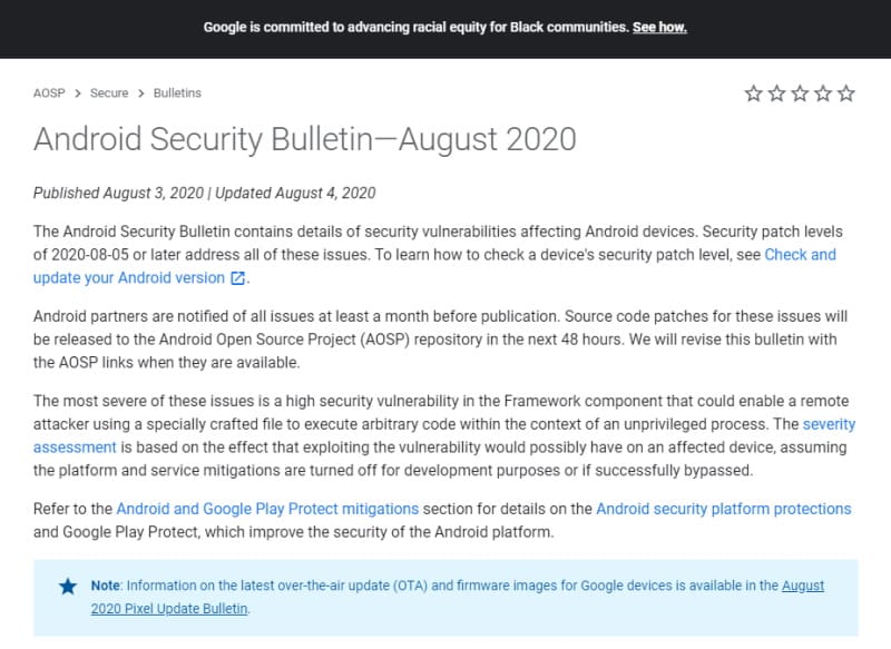 Google detalha correções do pacote de segurança de agosto no Android pacote de seguranca de agosto de 2020 google detalhado