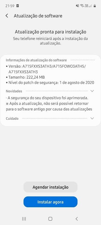 Galaxy A71 recebe atualização de segurança de agosto de 2020 no Brasil Captura de tela changelog patch agosto de 2020 Galaxy A71 Brasil.
