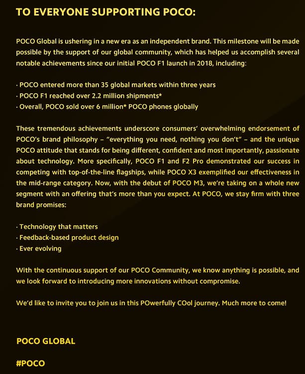 POCO Global anuncia que agora é uma marca independente Anúncio POCO.
