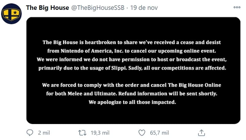 Nintendo: Torneio de Smash Bros. é cancelado devido uso de emuladores Nota da The Big House sobre o cancelamento do torneio de Smash Bros. pela Nintendo.