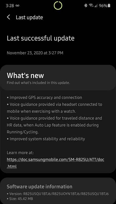 Galaxy Watch Active 2: Atualização traz melhorias para o GPS e mais Captura de tela atualização Galaxy Watch Active 2.