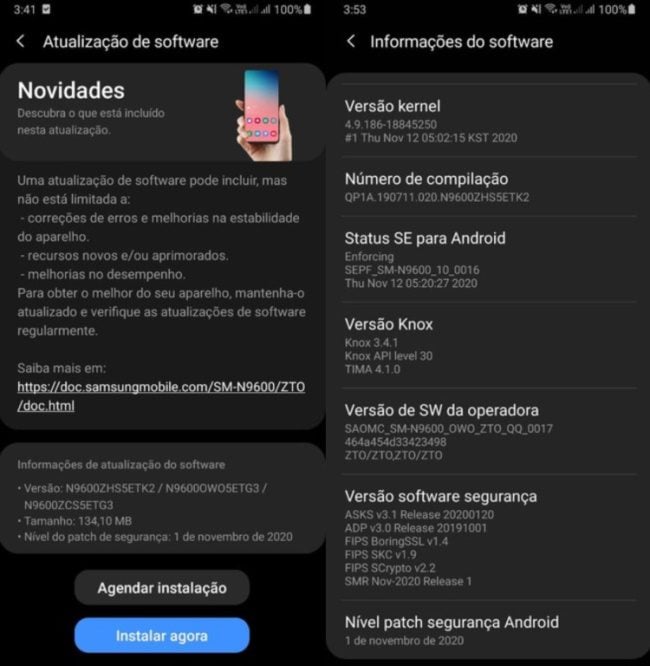 Galaxy Note 9 recebe atualização de segurança de novembro no Brasil captura de tela note 9