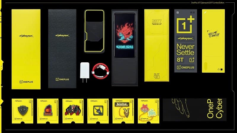 OnePlus 8T Cyberpunk 2077 Edition é lançado com Snapdragon 865 e 5G OnePlus 8T Cyberpunk 2077 Edition caixa com acessórios.