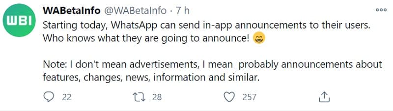 WhatsApp notificará usuários por mensagem sobre atualizações e mais Anúncio sobre novo recurso do WhatsApp.