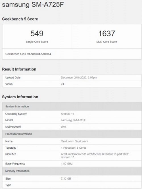 Galaxy A72: Benchmark confirma Qualcomm Snapdragon 720G sm-a725f a72