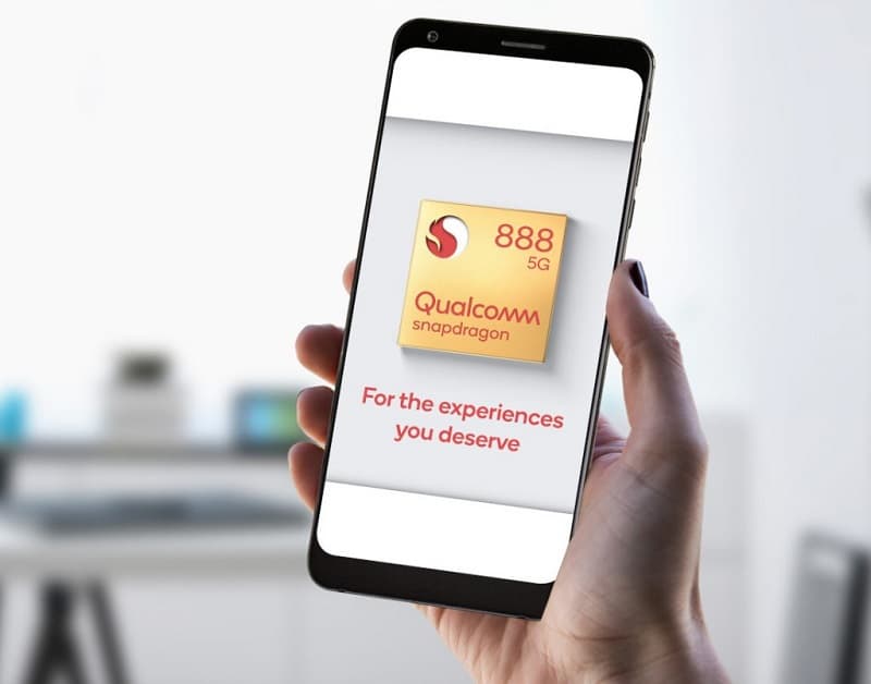 Snapdragon 888 5G não suporta tecnologia AV1 para streaming de vídeo Smartphone com imagem do Snapdragon 888 5G na tela.