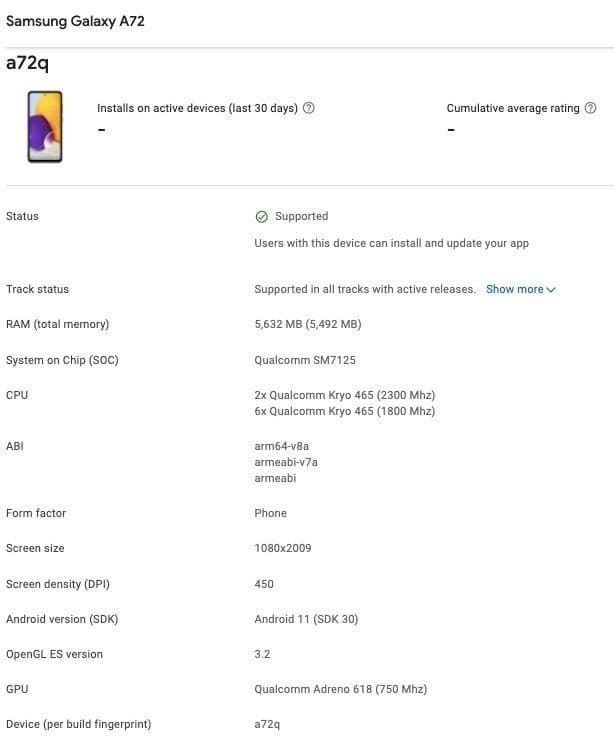 Galaxy A72 passa pelo Google Play Console com Snapdragon 720G Galaxy A72 4G certificação GPC
