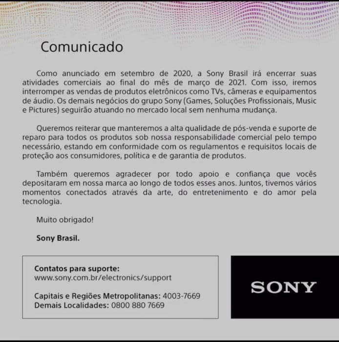 Sony Brasil informa o fim das vendas de TV, som e fotografia em março sony garantia oficial