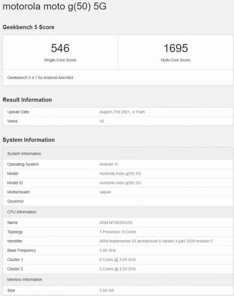 Moto G50 5G Saipan tem especificações reveladas em benchmark Benchmark Moto G50 5G Saipan