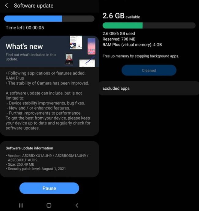 Galaxy A52s 5G: Recurso de RAM Plus aparece em atualização atualizacao a52s 5g ram virtual