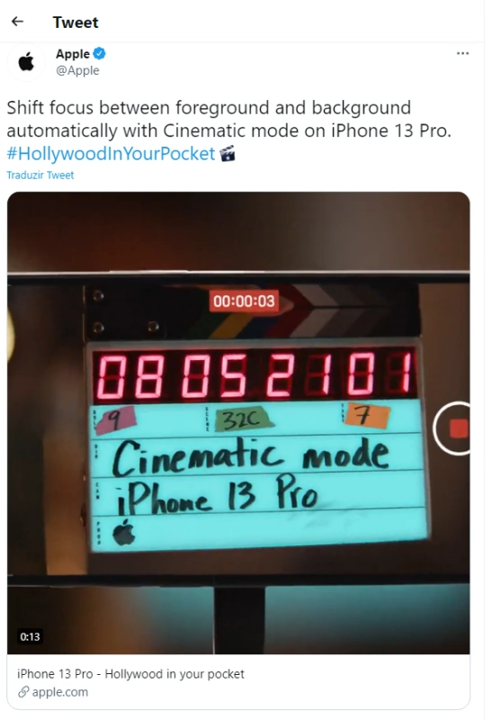 iPhone 13: Hashtag da Apple promove Modo Cinema hashflag apple iphone 13