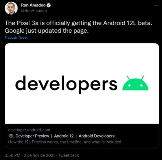 Google Pixel 3a e 3a XL devem receber atualização com Android 12L android 12l developer preview