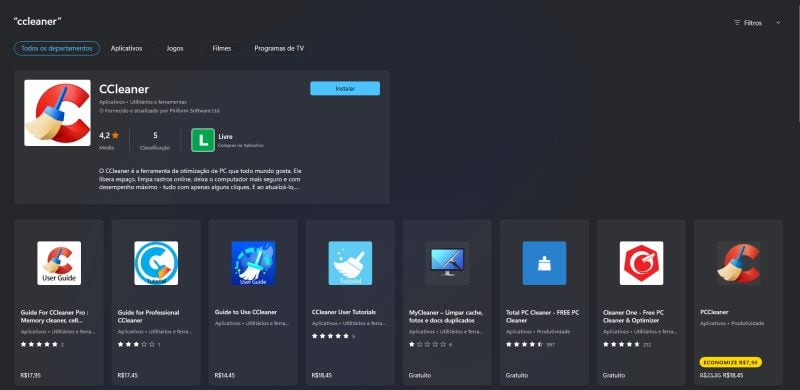 CCleaner está disponível na Microsoft Store do Windows 11 copias falsas ccleaner