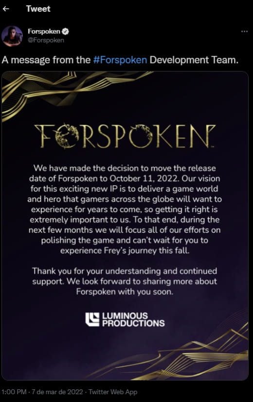 Forspoken da desenvolvedora Luminous Productions é adiado para outubro forspoken twitter