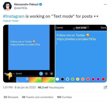 Instagram está trabalhando em um modo texto para postagens Print do tweet do engenheiro de software Alessandro Paluzzi sobre o novo modo do Instagram