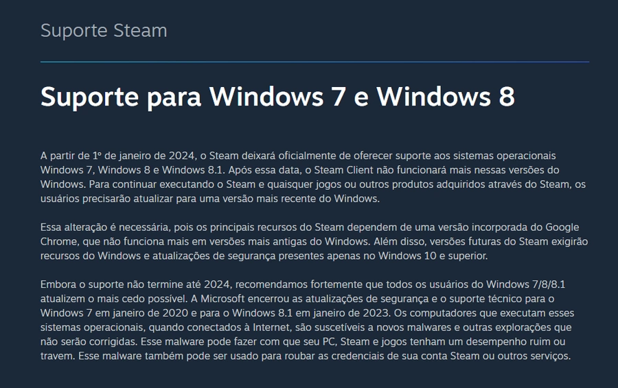 Steam encerrará suporte oficial para Windows 7, 8 e 8.1 em 2024 windows steam suporte