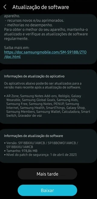 Samsung libera pacote de segurança de abril para o Galaxy S23 Ultra no Brasil s23 ultra update oficial