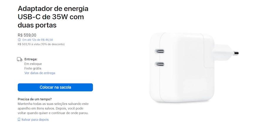 Apple inicia vendas de carregador USB-C de 35W no Brasil carregador apple usb c 35w