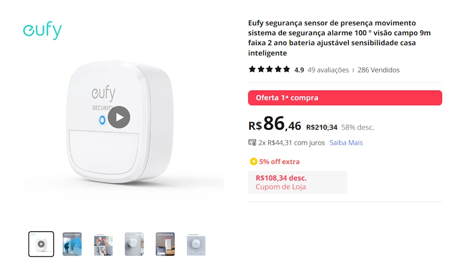 Ofertas no AliExpress: 12 produtos com até 70% de desconto eufy sensor movimento