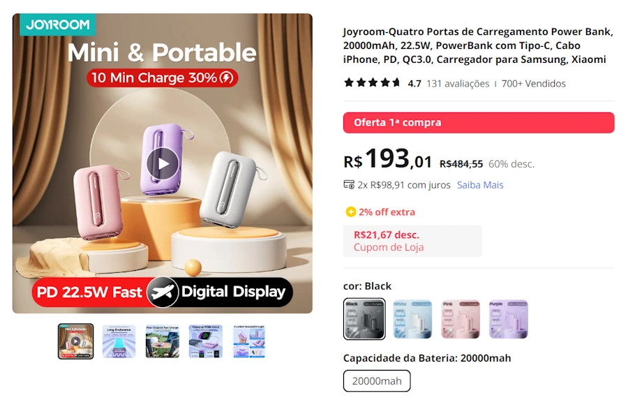 Ofertas no AliExpress: 12 produtos com até 70% de desconto joyroom powerbank