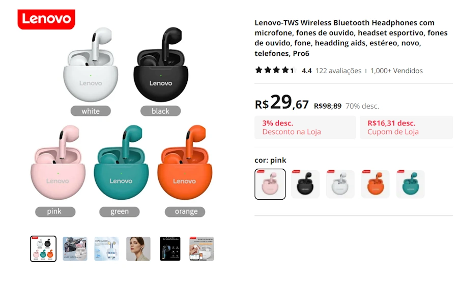 Ofertas no AliExpress: 12 produtos com até 70% de desconto lenovo tws wireless bluetooth