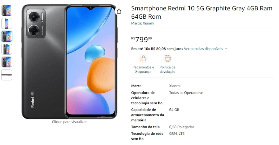 Redmi 10 5G em oferta na Amazon: versão com 4 GB de RAM por R$ 800 redmi 10 5g grafite