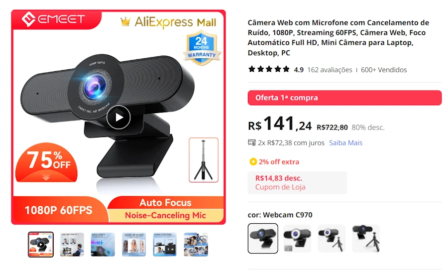 Ofertas no AliExpress: 12 produtos com até 70% de desconto webcam emeet