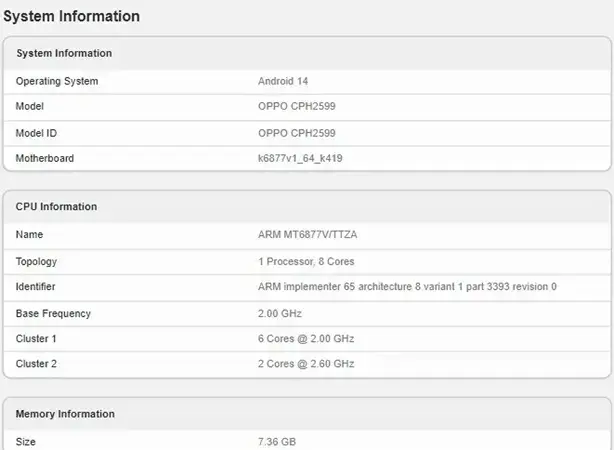Oppo Reno 11: Versão global aparece em benchmark com Dimensity 1080 Oppo Reno 11 geekbench