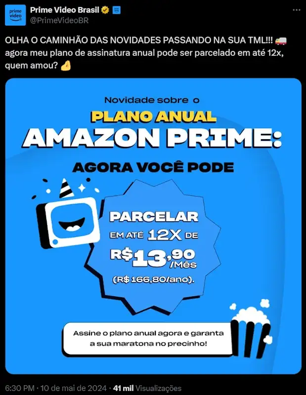 Amazon agora permite parcelamento do plano anual do Prime em até 12 vezes sem juros amazon anuncia parcelamento do prime