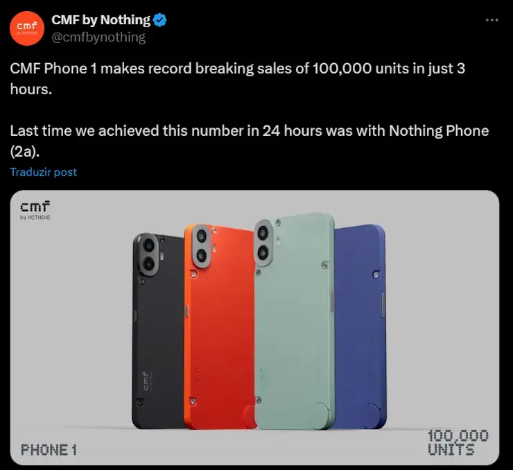 Nothing CMF Phone (1) é um sucesso! 100 mil unidades vendidas em 3 horas cmf phone 1