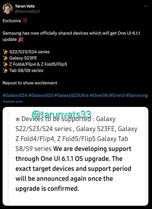 Vazou a lista de smartphones da Samsung que serão atualizados para a One UI 6.1.1 lista oficial one ui 6.1.1
