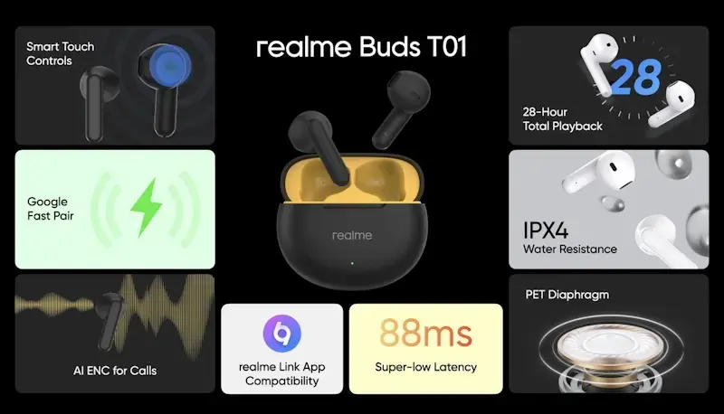 Realme Buds T01 é lançado com bateria de até 28h e certificação IPX4 realme buds t01 fone