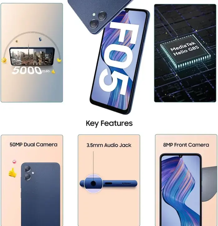 Samsung lança o novo Galaxy F05 com câmera de 50 MP e bateria de alta duração galaxy f05 recursos